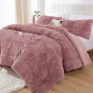 Faux Fur Comforter Queen Size 3 Peds Bean Past Fluffy Fuzzy Plush Forter Cut Shaggy Velvet Double-Sideded (1 Faux Fur Comforter + 2 Faux Fur Pillowcases)