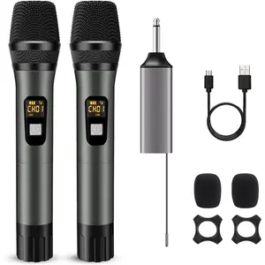Wireless Microphones, Handheld UHF Dual Metal Cordless Dynamic Mic System with Receiver, 200ft Range, for Karaoke Speech Party Wedding Church, Singing Machine-Auto Connect, Christmas Gift