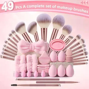 49pcs Face Makeup Tool Set, 25pcs Makeup Brushes & Hair Ties & 2pcs Wrist Straps & 5pcs Large Makeup Sponges & 5pcs Fan-Shaped Powder Puffs & 5pcs Mini Makeup Sponges & 5pcs Thumb Powder Puffs & Brush Bowl