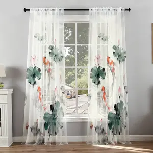 2pc Koi fish pattern, Home decoration curtain, suitable for all seasons, transparent breathable polyester fabric, decorative rod pockets for home, easy to hang, vertical pattern, privacy semi-transparent sheer curtain