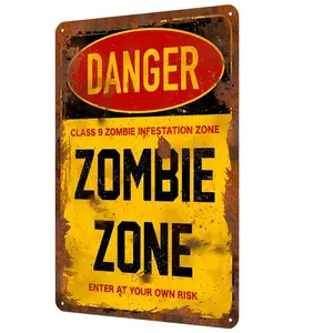 12.0x8.0inch Vintage Zombie Zone Danger Metal Aluminum Sign Yellow and Black Distressed Design Enter at Your Own Risk Humorous Warning Sign for Bars Garages Man Caves Zombie Themed Rooms