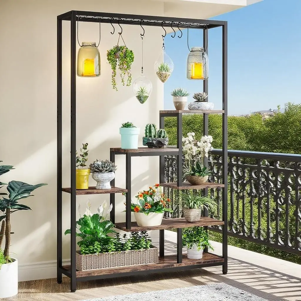 5-Tier Ladder Plant Stand with Hanging Hooks