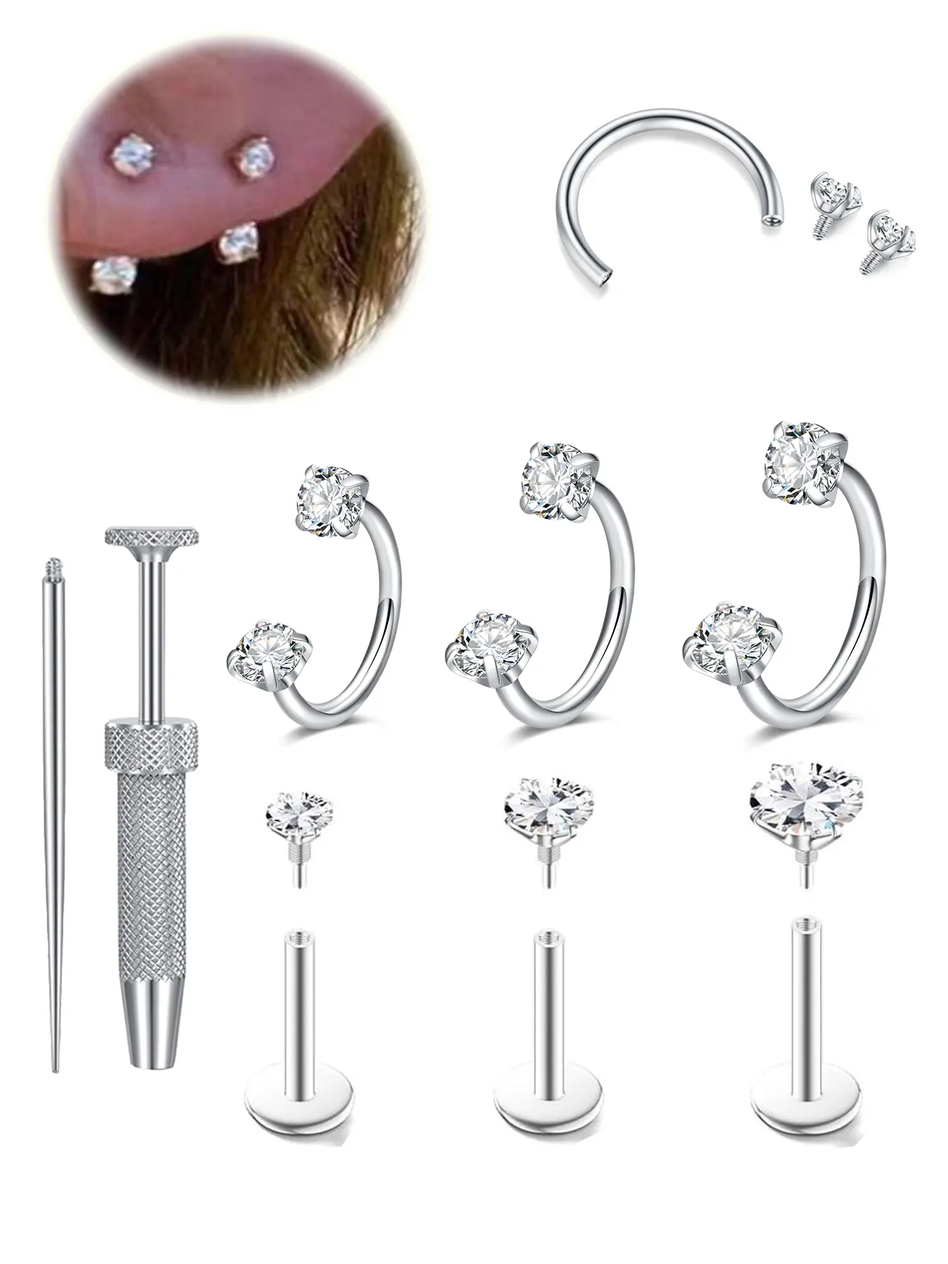 Hypoallergenic Flat-Back Earring Hoop Set, Cartilage Stud, Piercing Earrings Studs, 18g Surgical Steel, Internal Threading, Earlobe, Cartilage, Concha, Nose Piercings, Exquisite Chic Body Jewelry