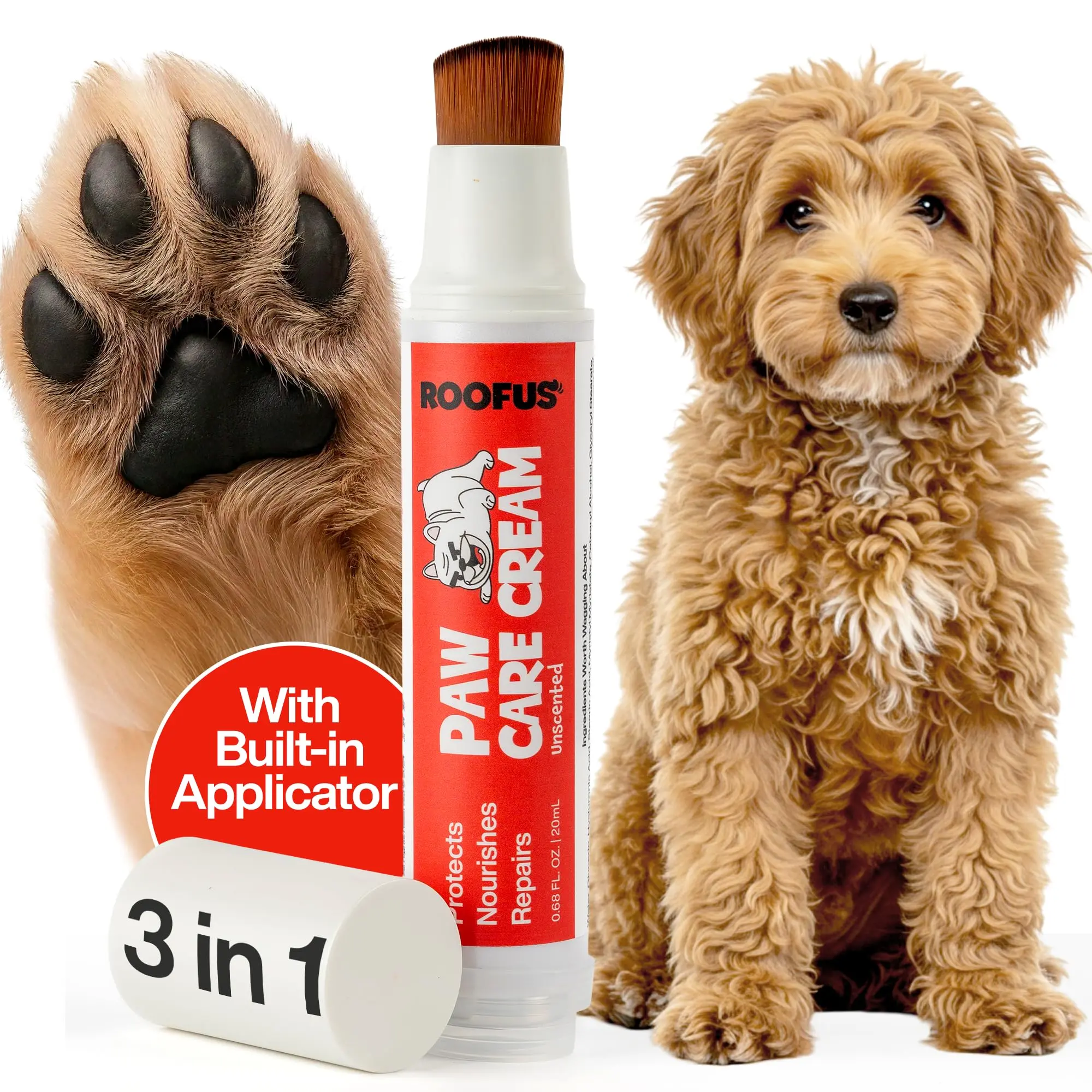 Roofus Natural Dog Paw Balm for Cracked Paws Fragrance Free Healing Moisturizer with Built-in Applicator for Dry Itchy Paws Lick Safe Paw Soother