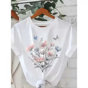 Women'S Watercolor Floral Butterfly Short Sleeve T-Shirt| Chic Crew Neck, Floral Gradient Print, Versatile Daily Commute Top Inspirational Dual-Sided Cotton T-Shirt