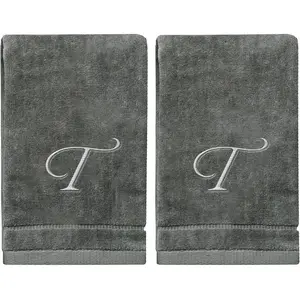 Monogrammed Fingertip Towels Set of 2 11x18 Inches Personalized Gift Silver Embroidered Extra Absorbent 100% Cotton Soft Velour For Bathroom Kitchen Spa Initial T Gray