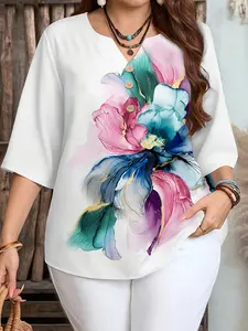 Plus Size Women's Casual Floral Patchwork V-Neck Short Sleeve Loose Shirt, Summer Fashion Ladies Blouse, Floral Top Womenswear