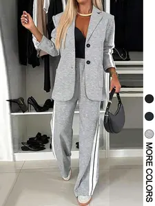 Valentine's Day Women's Striped Print Blazer Jacket & Wide Leg Pants Set, Casual Fitted Suit for All Seasons, Stylish Ladies' Clothing Ensemble