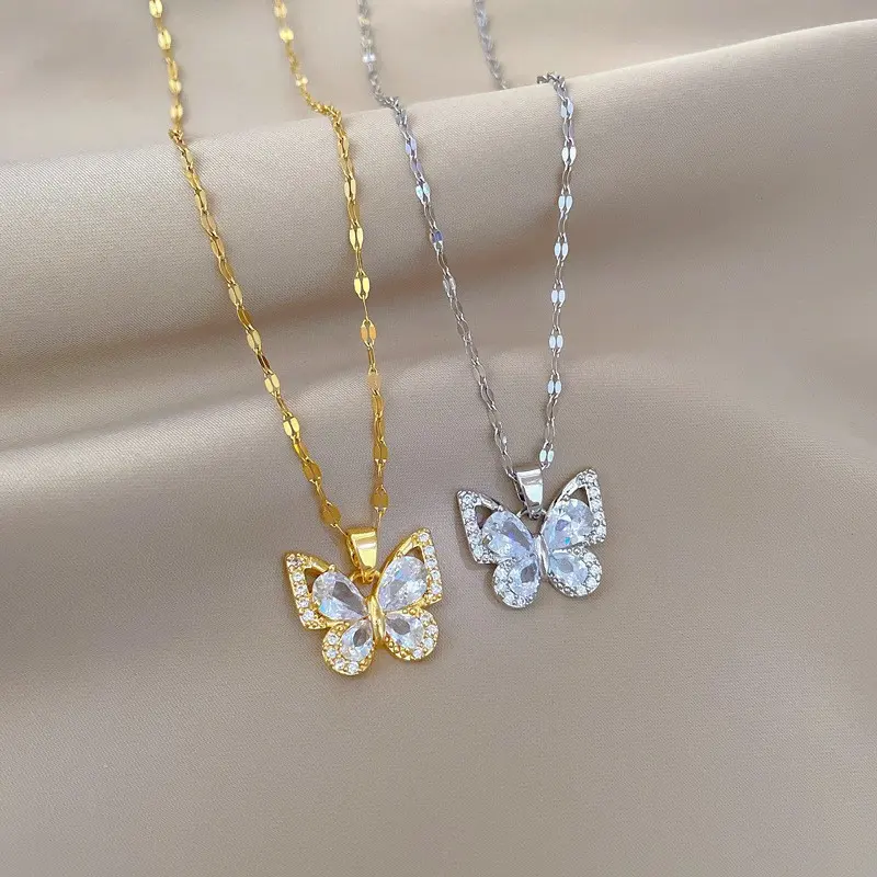 Zircon Butterfly Necklace - Silver