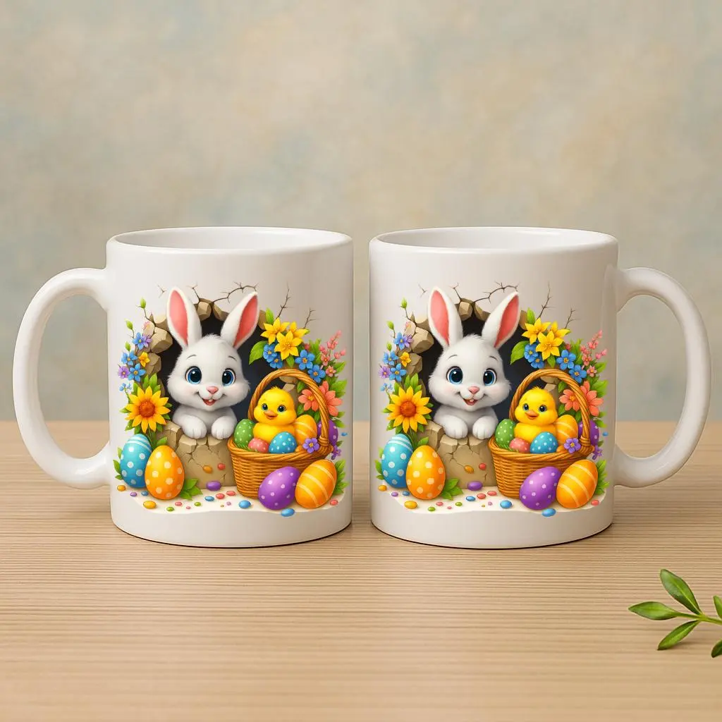 Adorable White Bunny and Yellow Chick Ceramic Mug with Colorful Spring Flowers and Garden Eggs Design Cute Animal Coffee Cup for Nature Lovers Gift Idea | Gifts for Kids | Home Decor | Hot Chocolate | Drinks | Novelty Gifts | Office Mugs |
