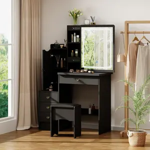 FUFU&GAGA Small Vanity Table Makeup Vanity Dressing Table with Mirror, 4 Drawers & Shelves, Dressing Desk and Cushioned Stool Set