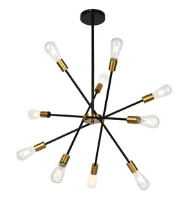 10-Lights Black-Gold Dimmable Sputnik Modern Linear Chandelier