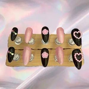 Coquette Press On Nails Black Pink 3D Rose Pearl Heart Nails Soft Goth Romantic Set Super Glossy Handmade Full Kit Included