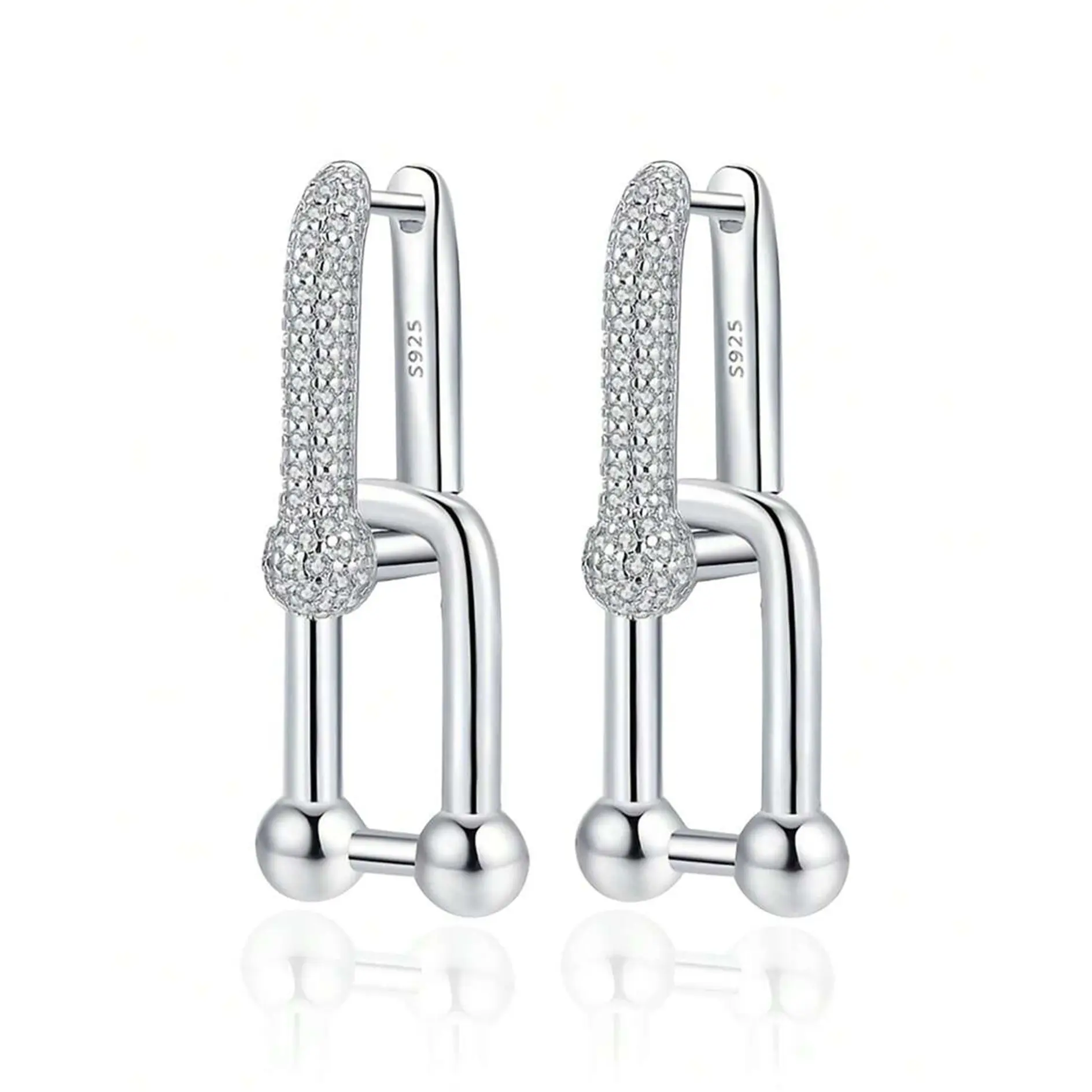 Fashion Ball U Shape Pin Hoop Earrings White Gold Plated Silver Chunky Huggies Earrigns Paperclip Convertible Link Chain Dangle Drop Earrings Minimalist Thick CZ Hypoallergenic Earrings for Women Sensitive Ears