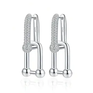 Fashion Ball U Shape Pin Hoop Earrings White Gold Plated Silver Chunky Huggies Earrigns Paperclip Convertible Link Chain Dangle Drop Earrings Thick CZ Hypoallergenic Earrings for Women Sensitive Ears