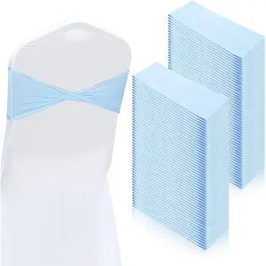 100 Pcs Spandex Chair Sashes Bows Light Blue Stretch Chair Cover Bands Baby Shower Plain Bow Sash Elastic Bands Ties for Wedding Hotel Banquet Events Decoration