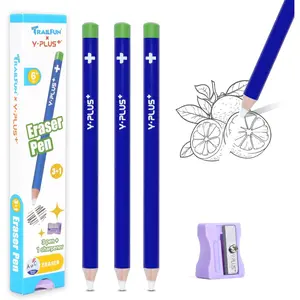 Pen Style Eraser Pen, 3 Pcs with Sharpener, Sharpenable Eraser Stick, School Art Supplies for Kids Artist Adult - Blue