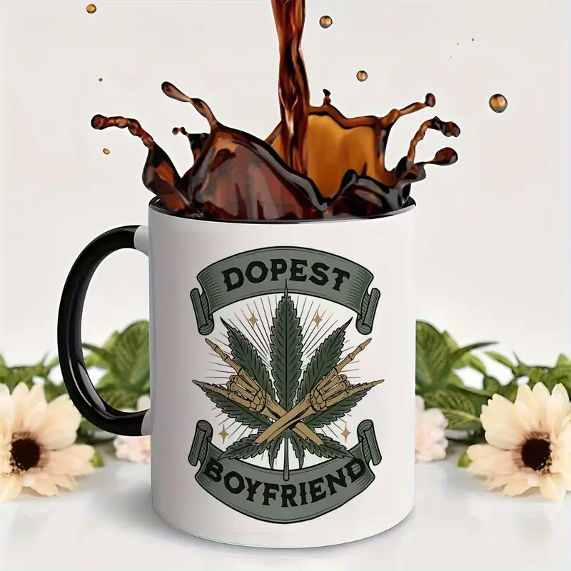 One 11-Ounce Ceramic Stoneware Coffee Mug Featuring a Cool Design with a Cannabis Leaf And Crossed Guns in Green And Black, Ideal for Men And Weed Enthusiasts. A Humorous And Edgy Gift Perfect for St. Patrick'S Day Or April Fool'S Day