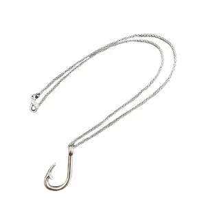 Unisex Large Fishing Hook Necklace with Antique Silver Pendant