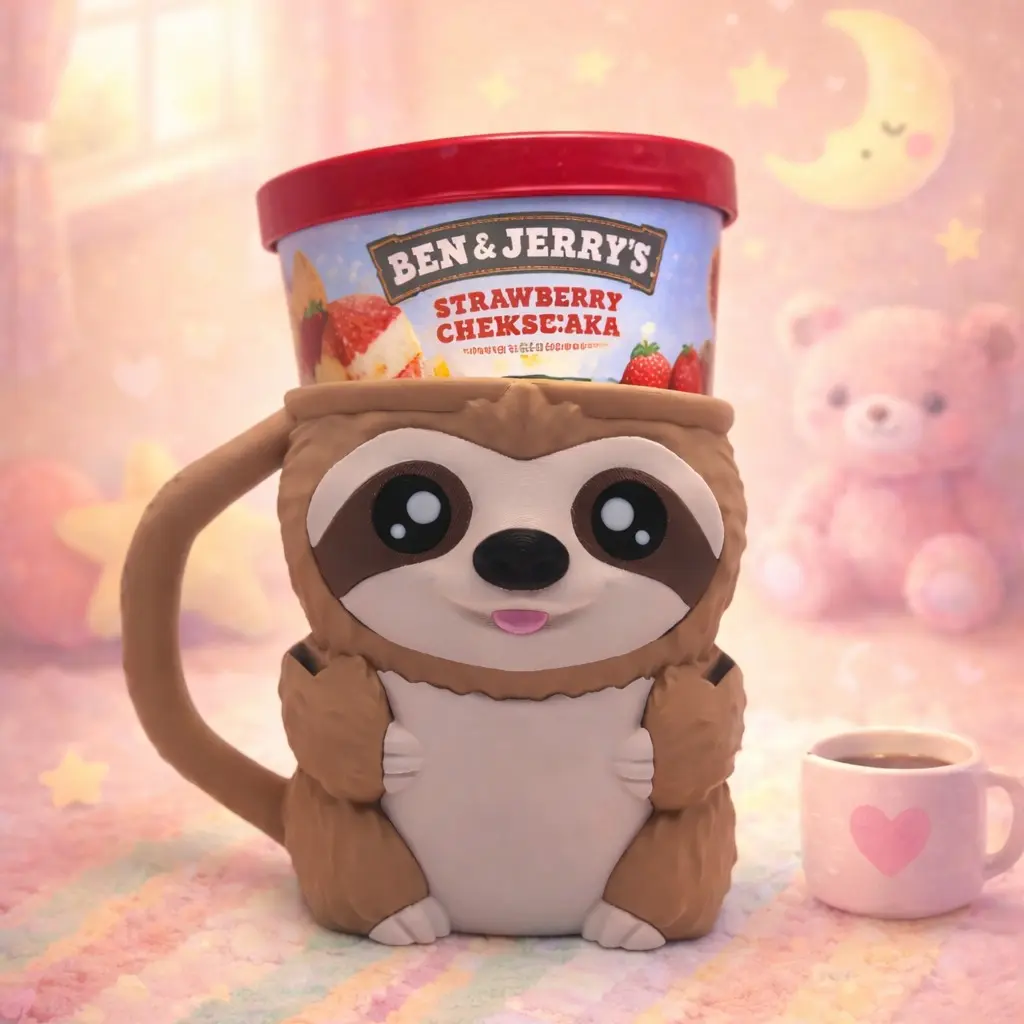 3D Printed Sammy the Sloth Ice Cream Pint Holder - Fur Texture, Eye Patches No-Freeze Cozy for Ben & Jerry’s - Kitchenware Drinkware Accessory, Cute Gift for Ice Cream Lovers