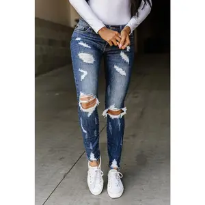 Ampersand 305 Denim Mid-Rise Dark Wash Jeans with Distressed Detailing & Slim Straight Fit for Comfortable All-Day Wear