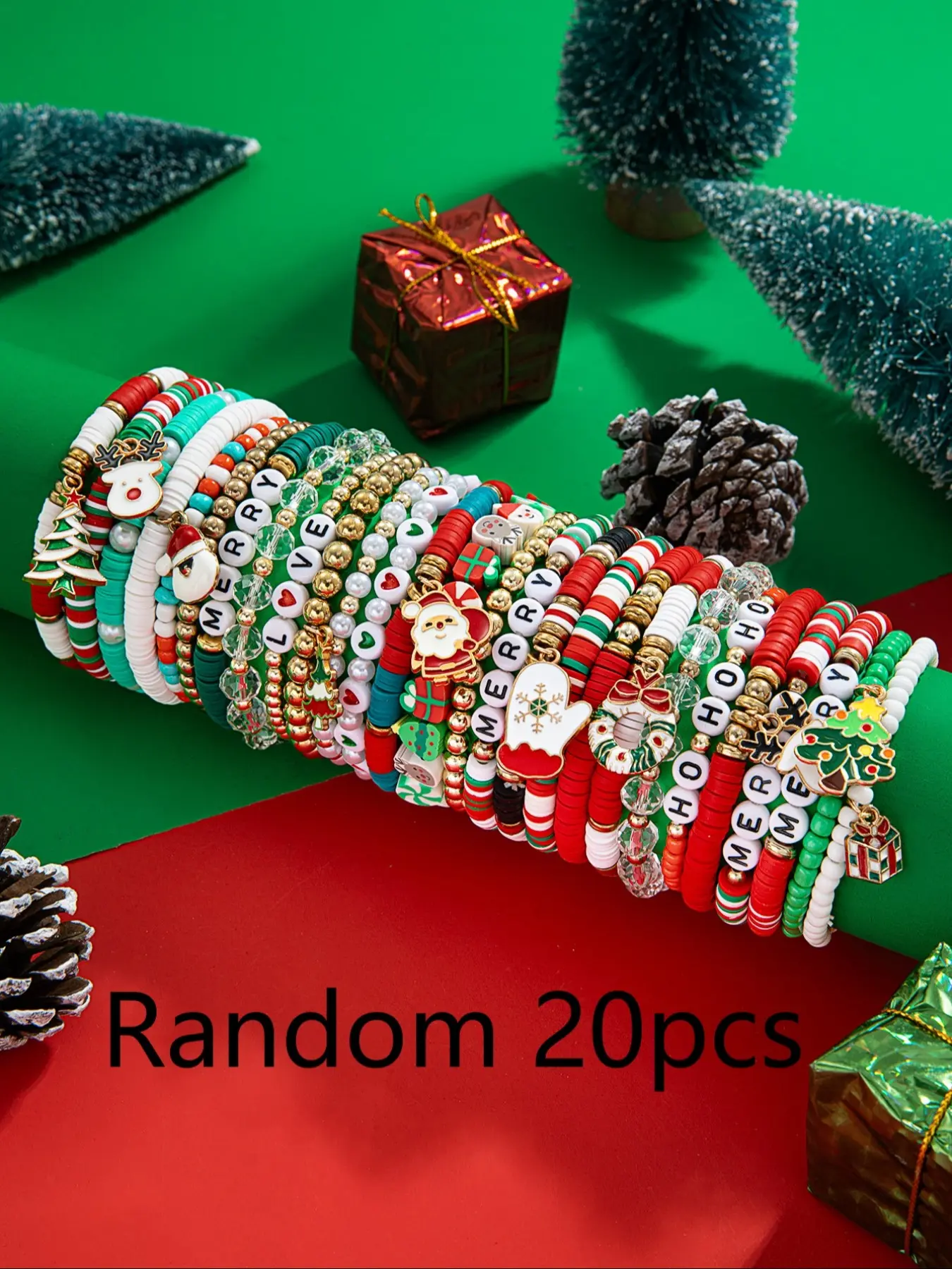 20pcs Random Christmas Soft Clay, Cute Tree Reindeer Design, Oil Drip Pendant, Holiday Jewelry Gift for Women, Bohemian Bracelets, Bracelet Set