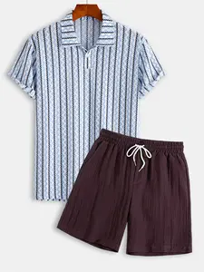 Men's Stretch Knit Jacquard Polo & Linen Blend Shorts Set, 2 Piece Casual Summer, Ideal for Beach Golf Daily Wear