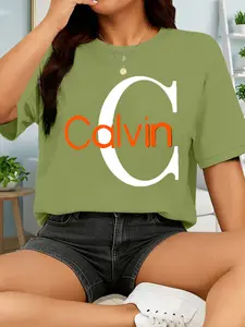 Women's Casual Short Sleeve Crew Neck Cotton T-Shirt – Calvin Monogram Orange Graphic Print, Beige, Machine Washable Spring & Summer Top, Soft Skin-Friendly Fabric, Daily Versatile, Fashion Design