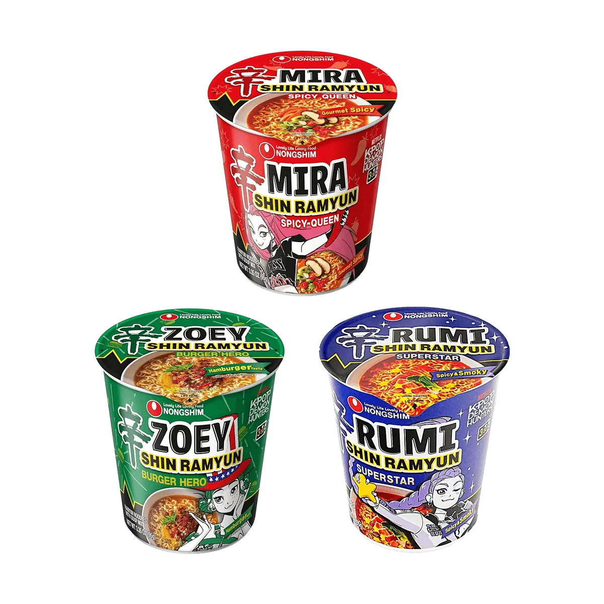 Nongshim x Netflix K-Pop Demon Hunters Shin Ramyun Noodle Cup Variety Pack - Korean Instant Ramen with Burger, Spicy Beef & Smoked Sausage Flavors (95g x 3 Cups, 285g Total) - K-Pop Limited Edition