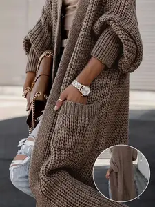 Women's Solid Color Open Front Long Cardigan, Casual Long Sleeve Outerwear for Fall & Winter, Women's Knit Clothing for Daily Wear