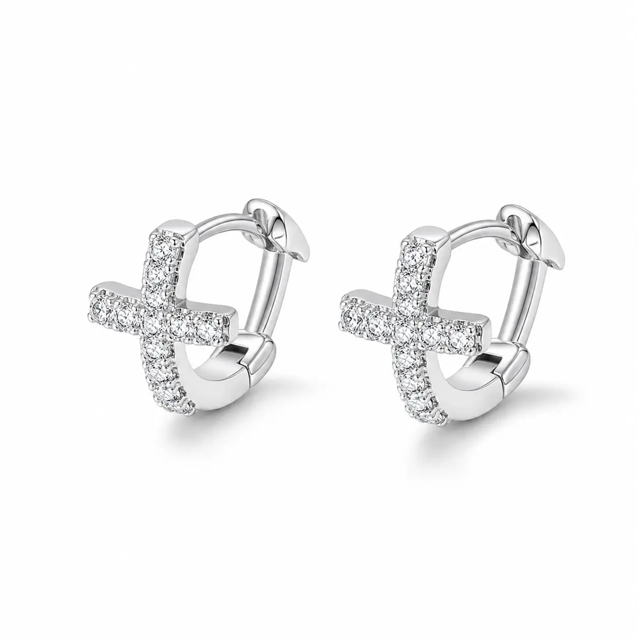 2PCS CZ Cross Huggie Hoop Earrings for Women, Dainty 6mm Silver Tone Mini Hoop Earrings, Minimalist Cartilage Jewelry Gift