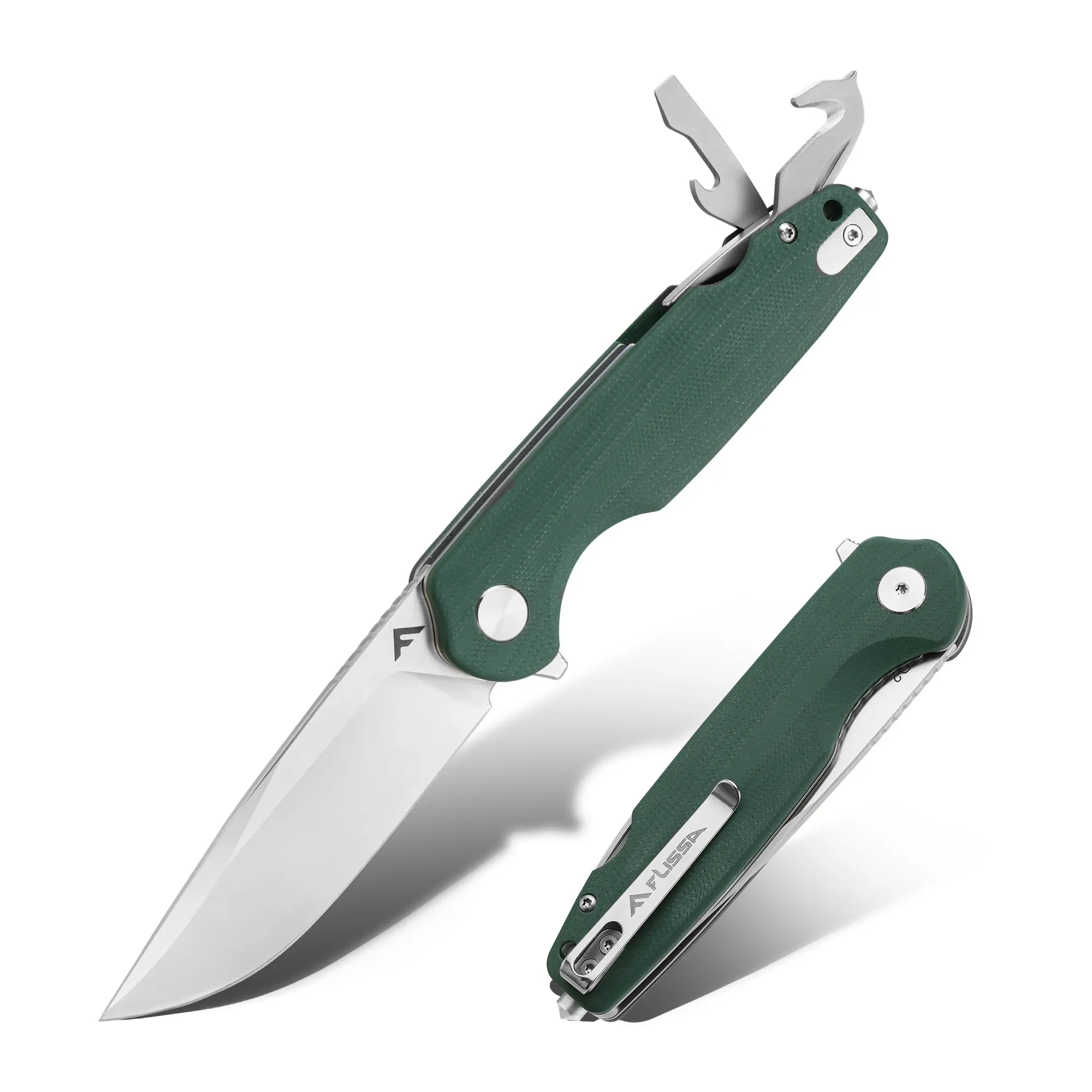 #toolupgrade FLISSA Multitool Pocket Knife, 3.3" D2 Blade with G10 Handle, Liner Lock Folding Knife with Glass Breaker, Screwdrivers, Bottle Opener & Rope Cutter for EDC, Survival, Camping, Hiking (Green)