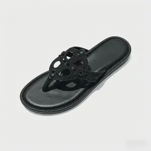Women's Lightweight Summer Thong Sandals - Black Crochet Hollow-Out Design with Cushioned Footbed - Non-Slip Casual Slides for Beach, Pool, and Daily Wear
