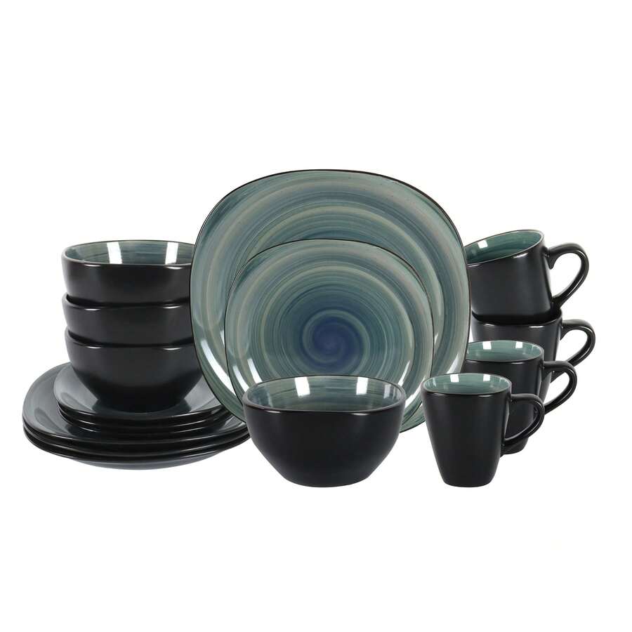 Stoneware 16pc Square Dinnerware Set Swirl Purple