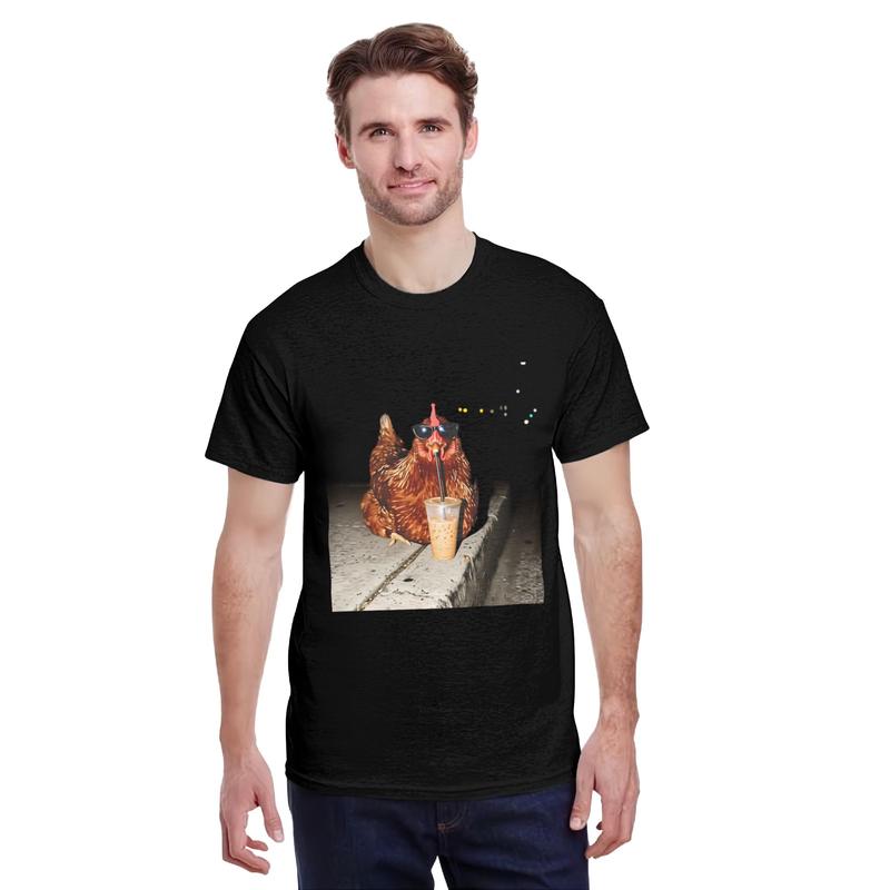 Men's Cotton Blend Short-Sleeve Graphic Crew Neck T-Shirt - Menswear Top, Casual, Funny Chicken Print, All-Season Apparel for Chicken Lovers, Tshirt