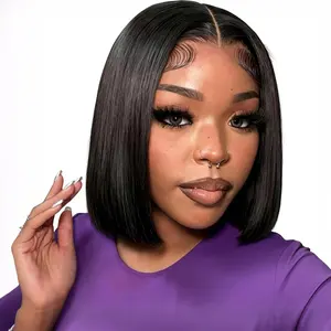 Wear and Go Bob Wig Human Hair 180 Density 5x5 HD Lace Closure Pre Plucked Pre Bleached Pre Cut Glueless Wig Drawstring Wig Human Hair for Women Human Hair Glueless Short Wigs Natural B