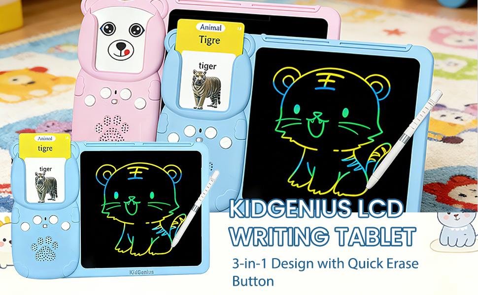 KIDGENIUS LCD Writing Tablet for Kids Ages 3-7 with 255 Flashcards 510 Words Interactive Educational Learning Pad with Sound English Spanish Vocabulary Cards Outdoorfun Feature Animal Themes Ideal Birthday Gift