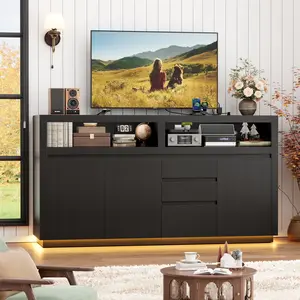FOTOSOK Modern TV Stand with LED Lights & Power Outlet, Large Entertainment Center Storage for up to 70 Inch TV, Media Console with Cabinets & Drawers for Living Room