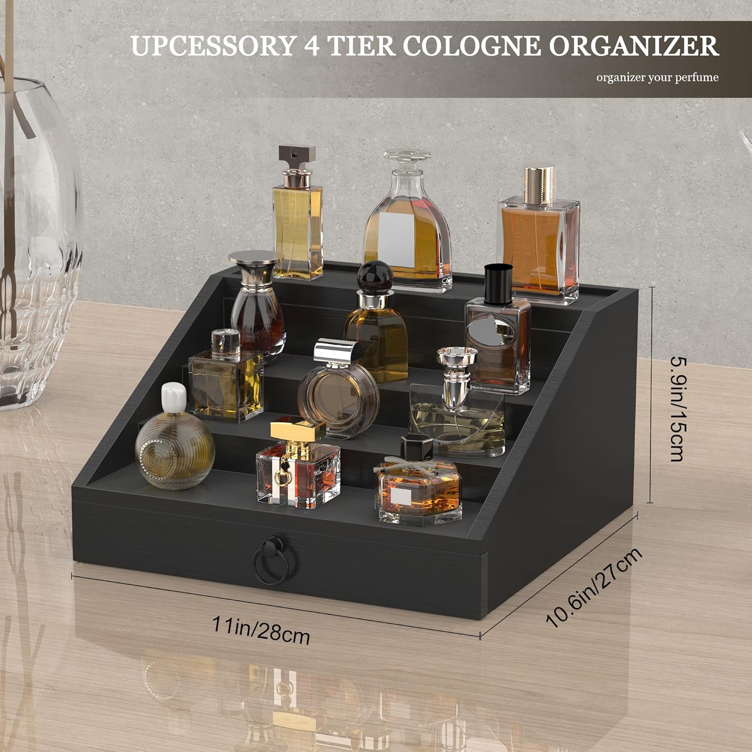 Wooden Cologne Organizer for Men 4 Tier Stand Shelf with Velvet Lined Drawer Hidden Storage Perfume Display Holder Classy Black Gift