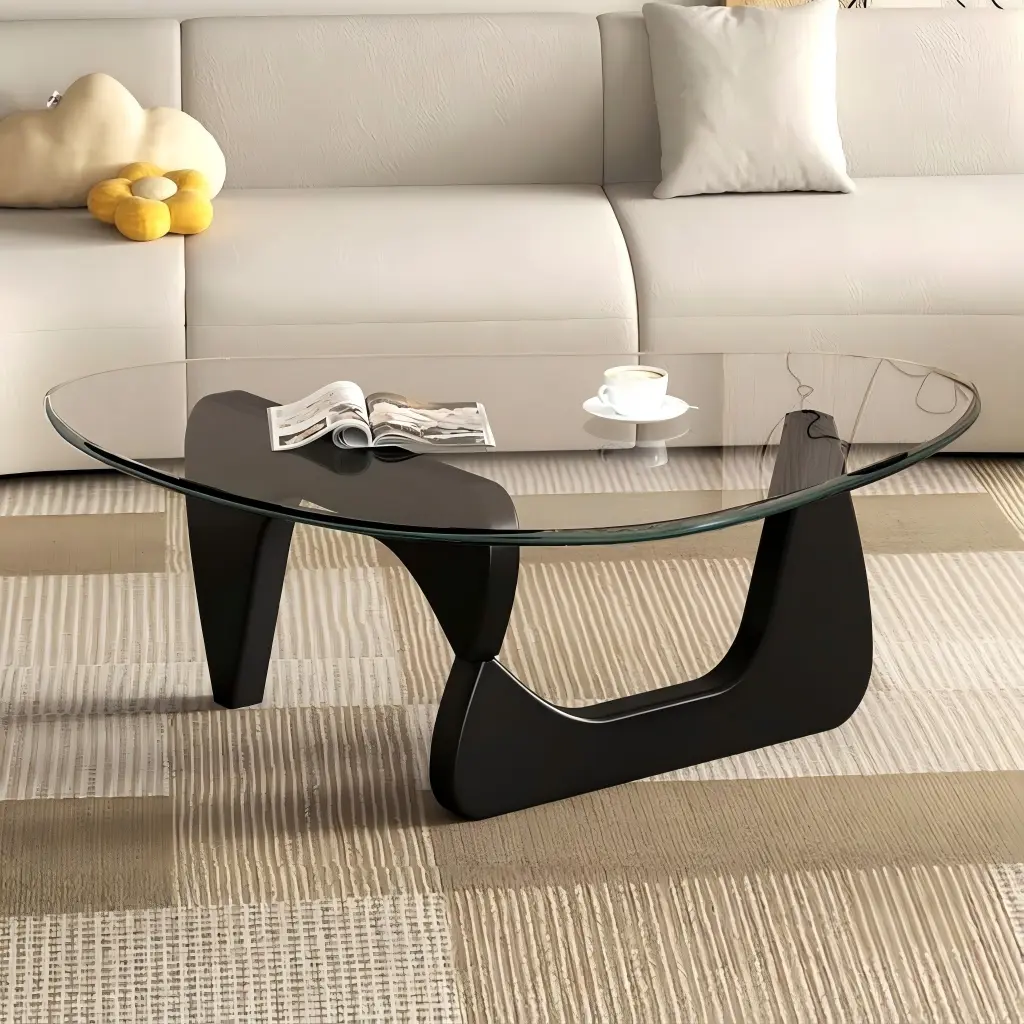 Sumimervibes Mid-Century Modern Coffee Table - Triangular Glass Top, Natural Wood Base, Storage Space, Classic Minimalist Sturdy Living Room Furniture for Office, Apartment Decor (Triangular Stability)