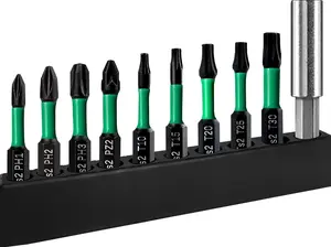 Impact Driver Bit Set 10 PCS, S2 Alloy Steel Magnetic Drill Bits for Power Tools, Screwdriver Tips with PH, PZ, Star (TORX) Heads, 1/4" Hex Shank