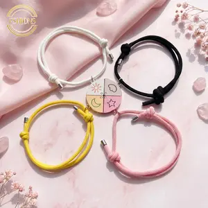 FASHONS Sun Moon Star Cloud Magnetic Bracelet 4-Piece Set Adjustable Friendship Family Couple Colorful Puzzle Matching Braided Cord Jewelry Gift for Teens Adults