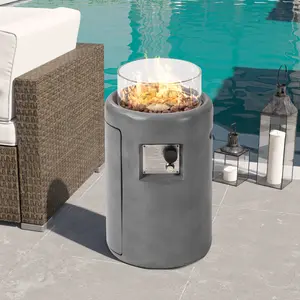 HOMPUS Propane Patio Fire Pit 16-inch Round Concrete Gas Fire Pit w Wind Guard,Lava Rocks and Rain Cover,Outside Smokless Firepit Column Furniture