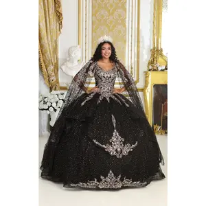Layla K LK218 Detachable Cape Sleeves Glitter Corset Quinceanera Ball Gown