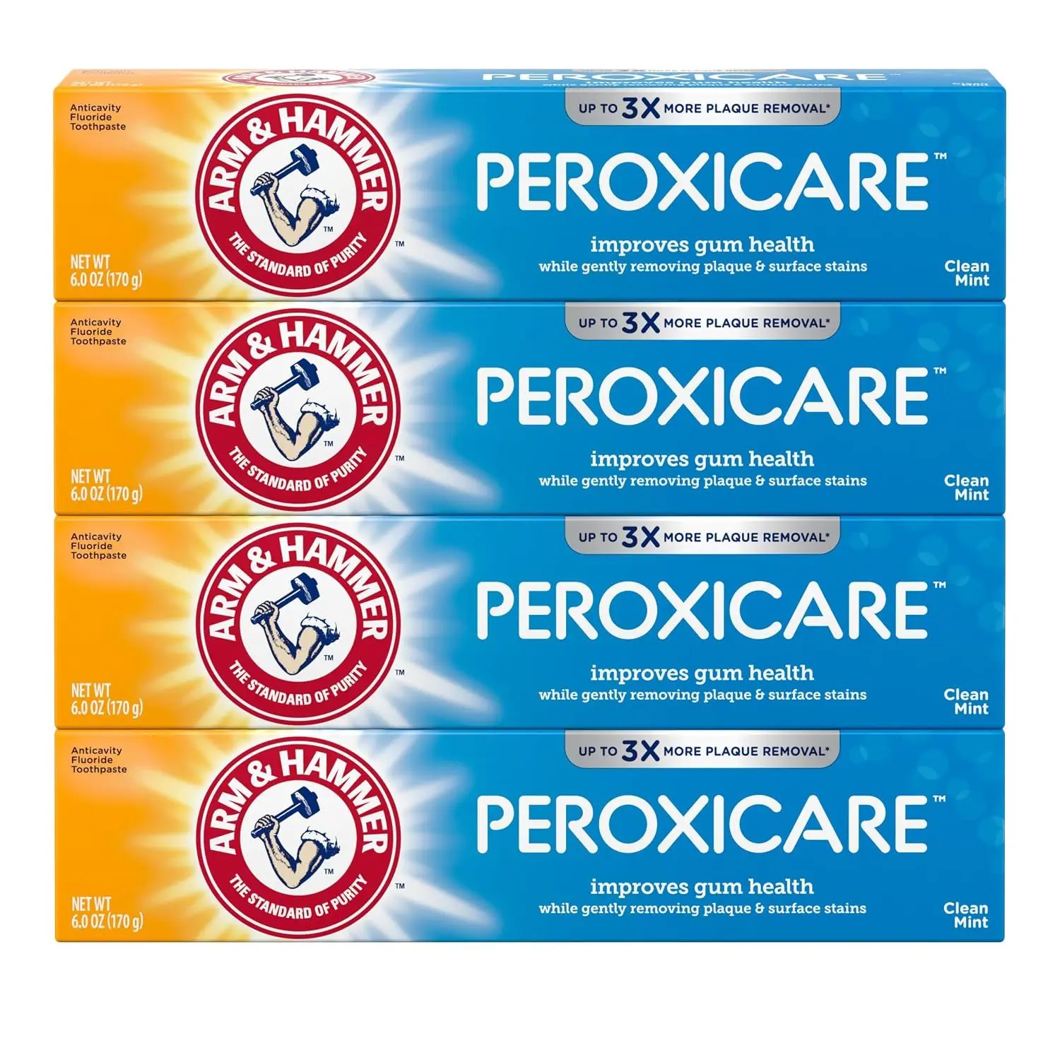 ARM & Hammer Peroxicare Toothpaste, Clean Mint, 6.0 oz, 4-Pack | For Gum Health, Baking Soda Toothpaste, Removes Plaque Bacteria, Cavity Prevention