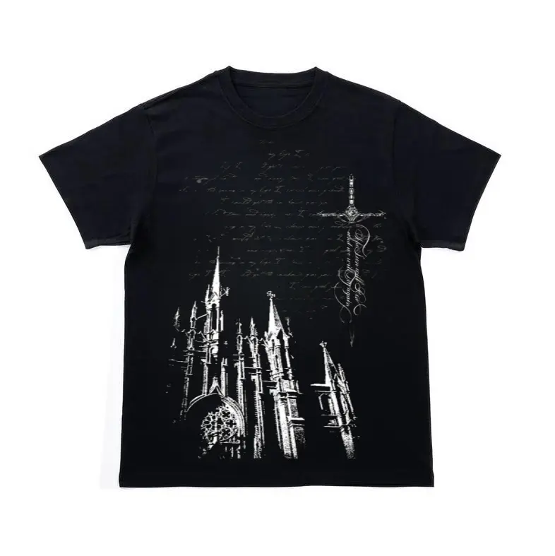 Gothic Cathedral T-Shirt, Y2K Grunge Sword Script Graphic Shirt, Vintage Aesthetic Dark Streetwear Tee, Crew Neck, Short Sleeve, Cotton, Gift for Aesthetic Him Her, Men And Womenswear Top
