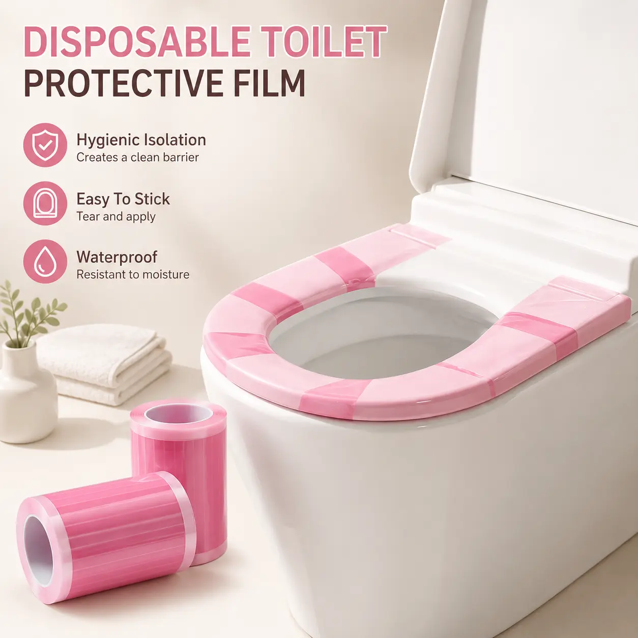 Disposable Plastic Anti-Stain Barrier Film, Single Roll with Dotted Tear Break Point Design, No Residual Adhesive for Travel & Hotel Public Surface Protection, Toilet