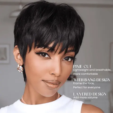 Simidola Pixie Cut Wig Brazilian Human Hair Wig With Bangs Cheap Full Machine Made Wigs For Black Women Natural Color Beginner Friendly