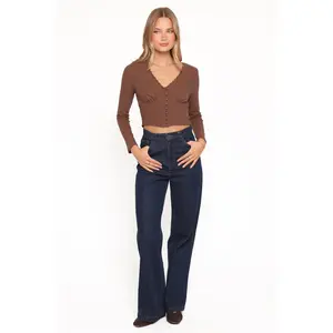 Leslie Long Sleeve Textured Button Front Top - Chocolate