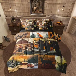 Rustic Lodge 7 Piece Comforter Set,Bear Deer Fox Cabin Bedding Set for Teens Adult,Country Woodland Animals Duvet Insert